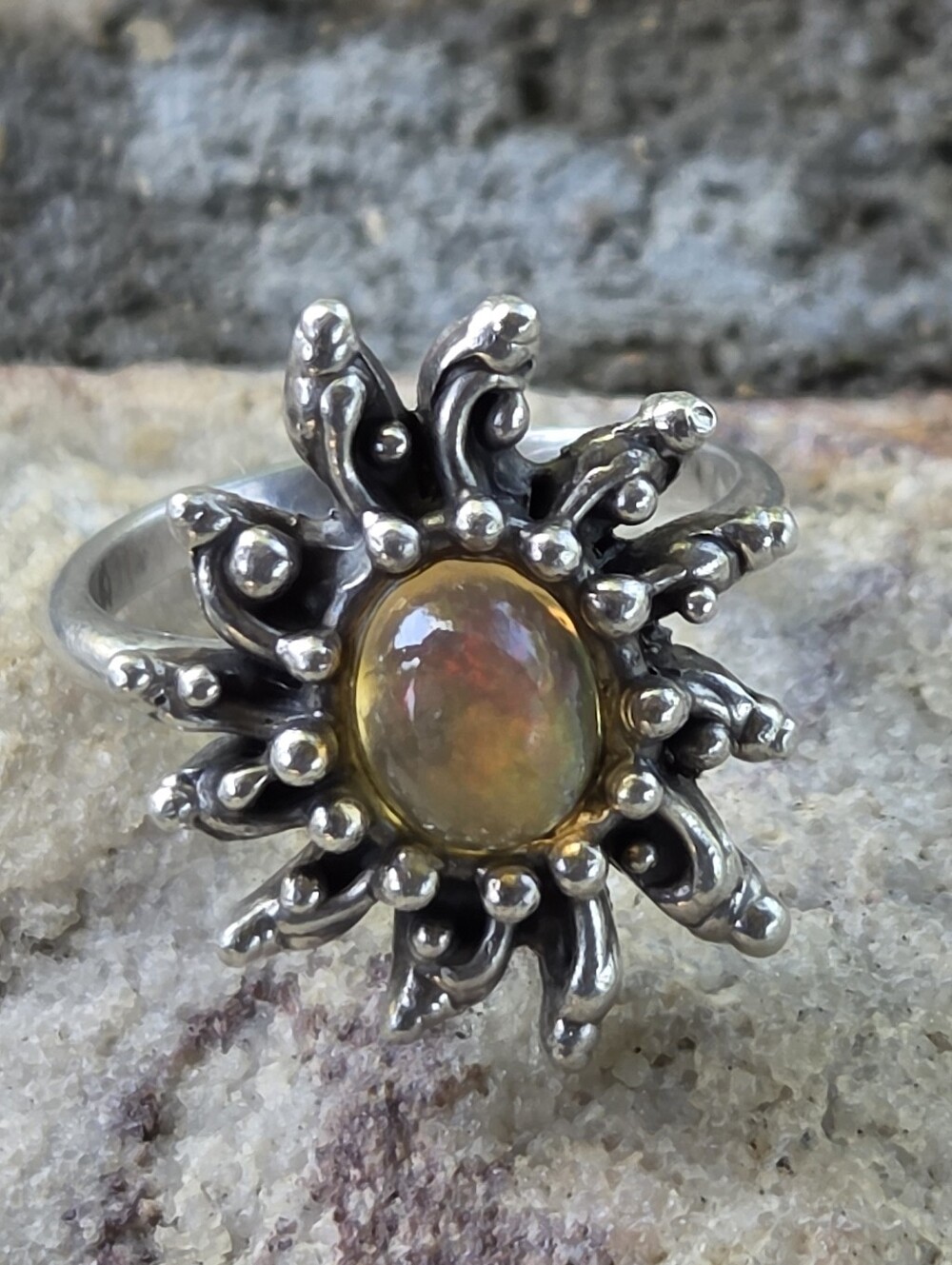 Amber Sunburst Stone Ring .925. Size 5.5